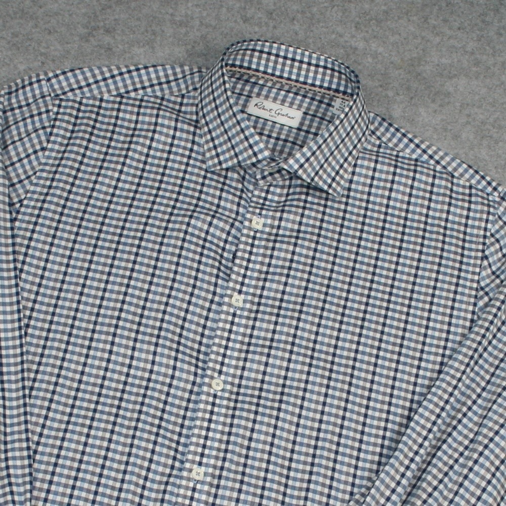 Robert Graham Mens Button Down Shirt 17.5 Blue Gingham Check Cotton Long Sleeve